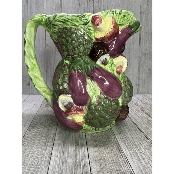 Vintage World Bazaar Majolica Style Pitcher Ceramic Embossed Vegetable 7" Tall - Picture 3 of 12